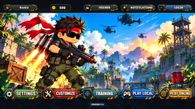 The main menu of Pocket Warzone with the hero art and the play buttons