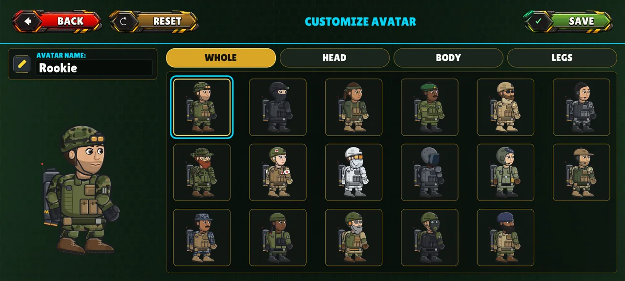 The avatar screen of Pocket Warzone with many outfits